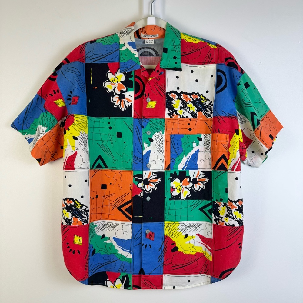 Vintage 80s Esprit Sport Colorful Button Front Shirt Abstract Bold Print Medium